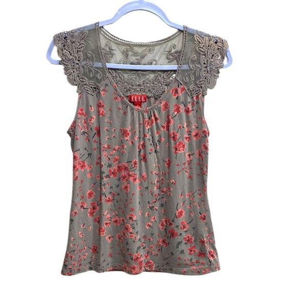ELLE Gray Floral Lace Yoke Cap Sleeve Top S Pima Cotton Modal - Picture 1 of 10